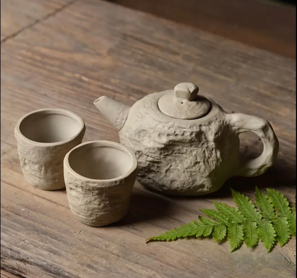Stone Texture Teapot Set with 2 Cups – Modern Liminal Design
