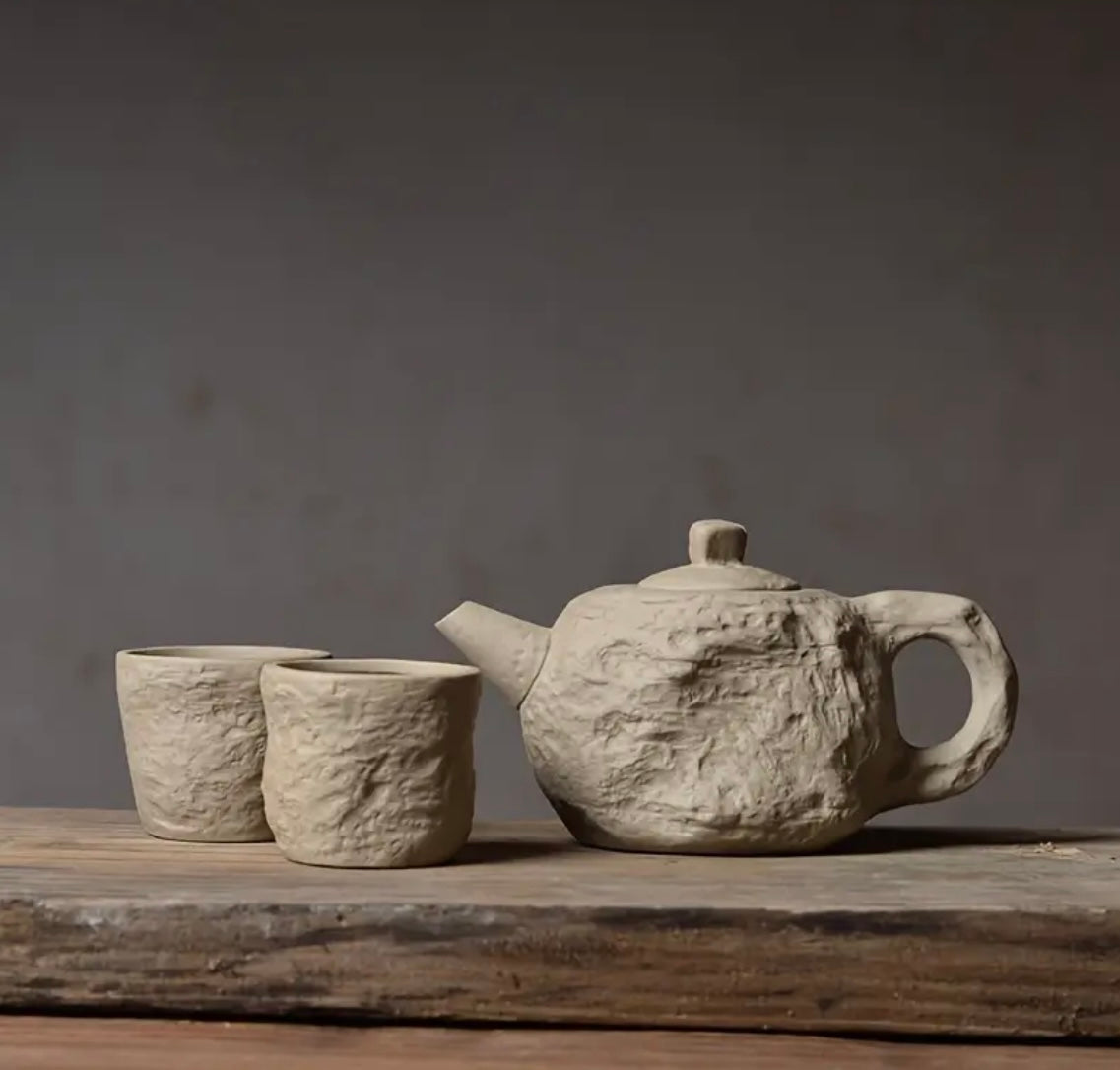 Stone Texture Teapot Set with 2 Cups – Modern Liminal Design